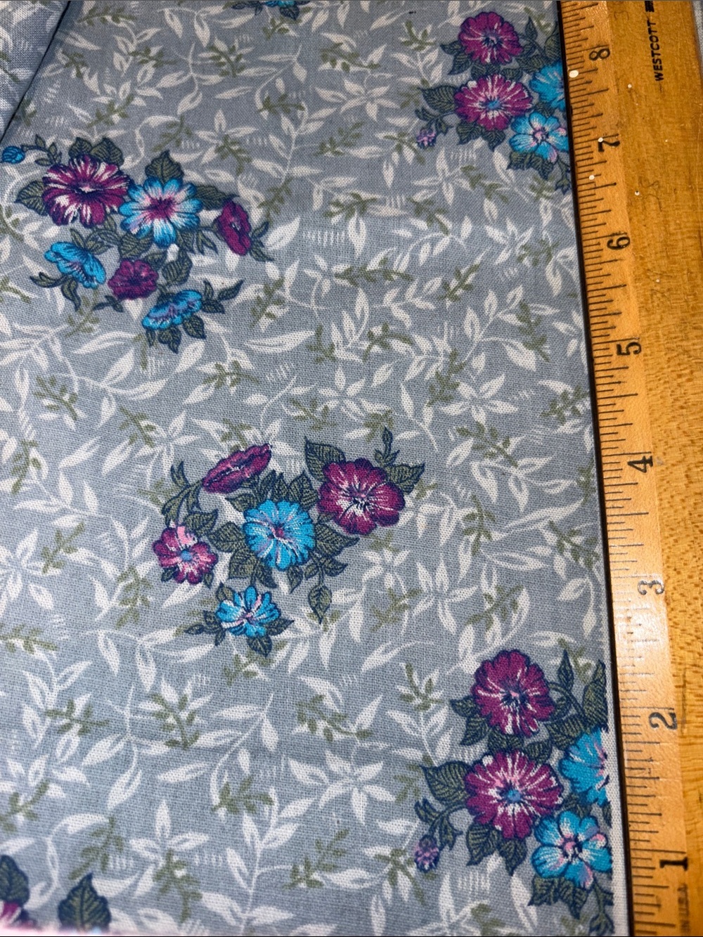 Huge piece vintage Floral Cotton Fabric 46 x 195 Gray Blue & Fuchsia Blooms D3